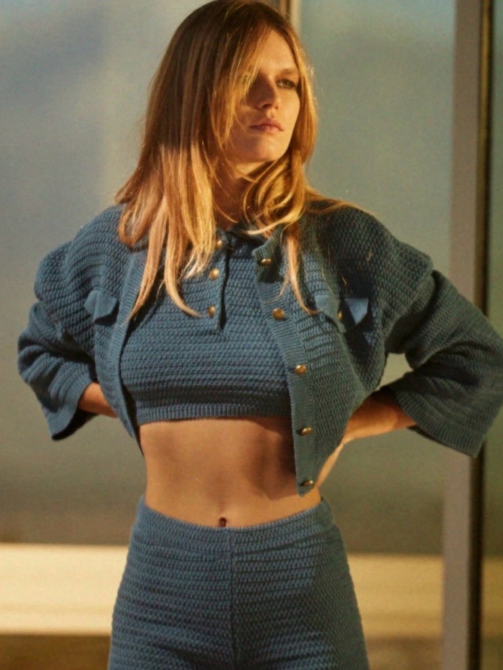 Zara Dark Navy Cropped Knit Button-Front Cardigan & Top Set - S